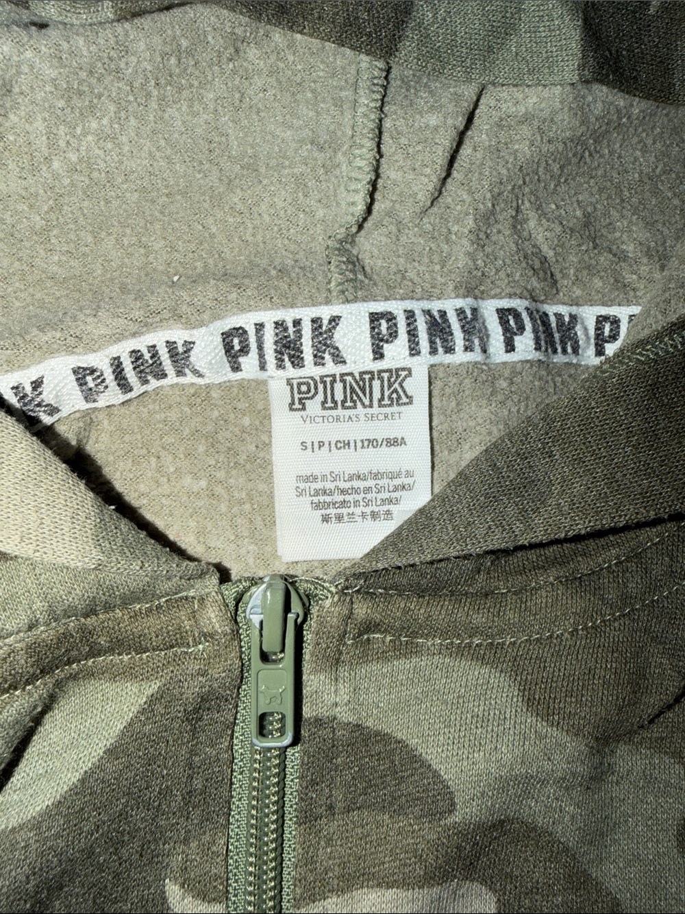 PINK Victoria's Secret Camouflage Zip-Up Hoodie with Pink Floral Accents - Green - Picture 2 of 6